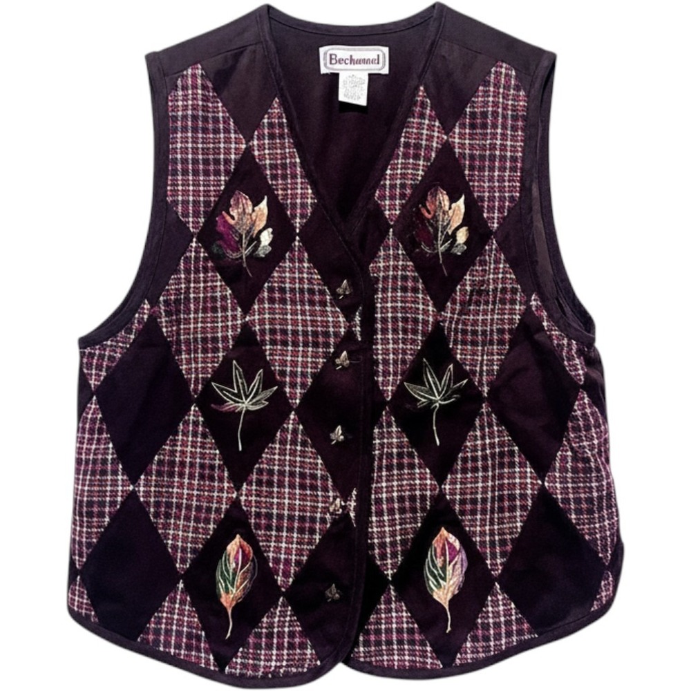 Bechamel Vintage Brown Argyle Leaf Embroidered Vest Cottagecore Womens Medium